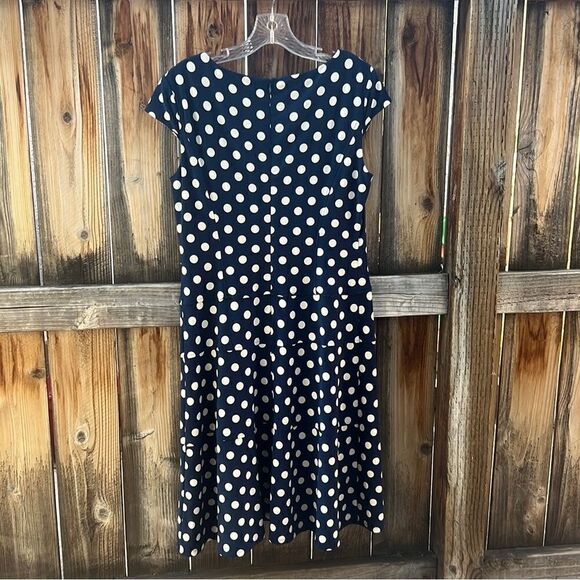 Anne Klein dress flare navy cream polka dots cap sleeve slinky 10 - Picture 4 of 9